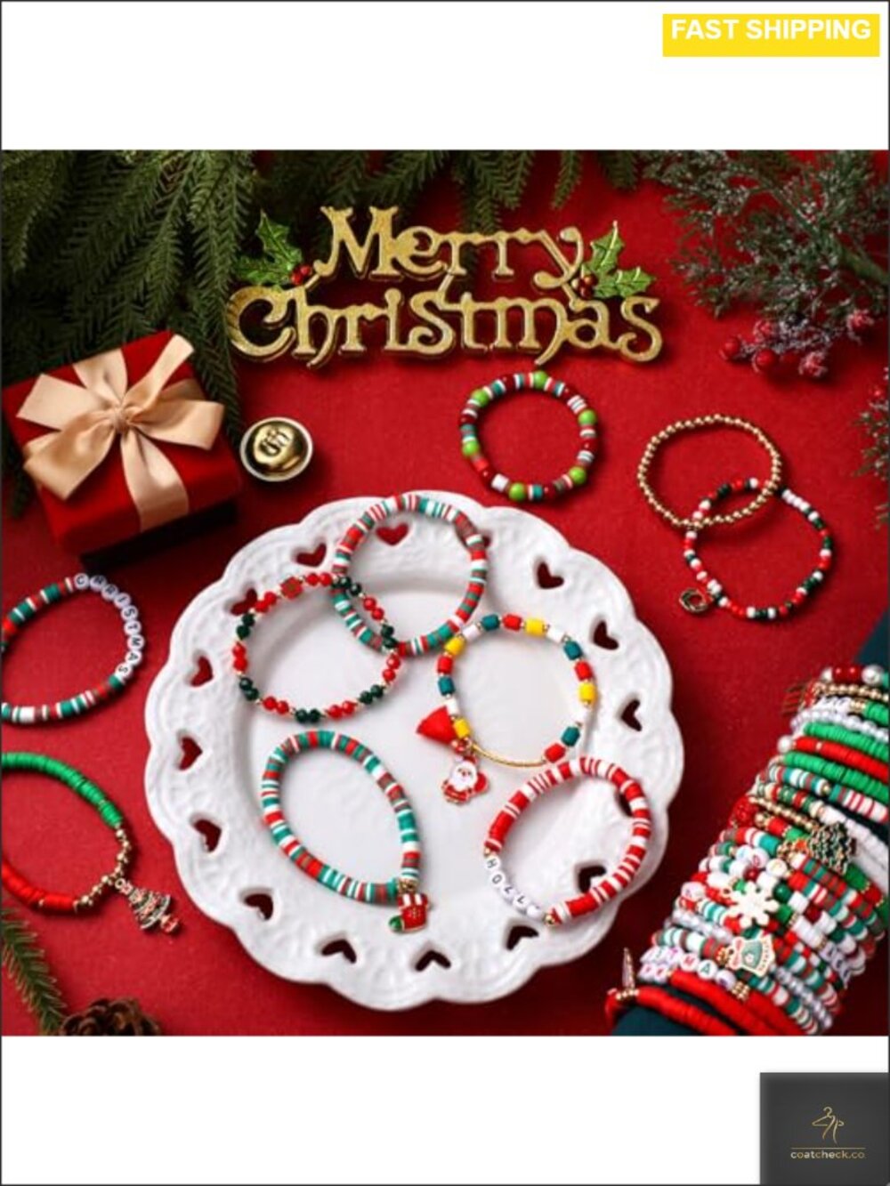 64 Pc Christmas Polymer Clay Beaded Stretch Bracelets Set Stackable - Picture 4 of 5